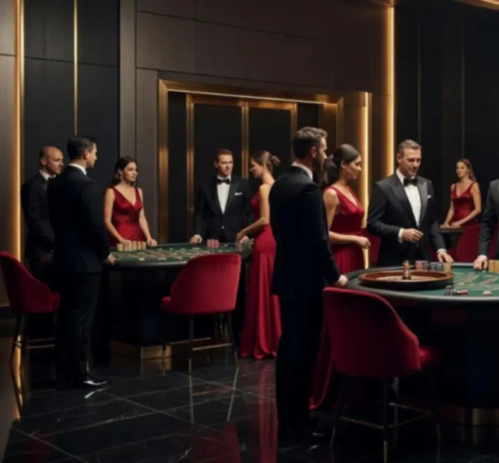 Event firmowy w stylu Casino Royale z eleganckimi stołami kasynowymi i nastrojowym oświetleniem.
