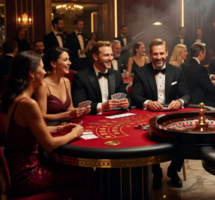 Elegancko rozstawione stoły do gier kasynowych z gośćmi grającymi w blackjacka, ruletkę i pokera podczas wieczornego eventu.