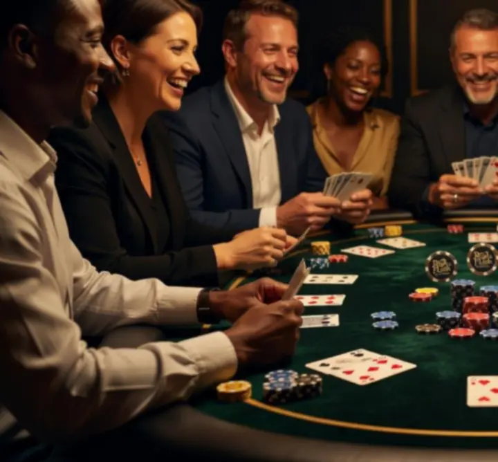 Wieczór pokerowy z eleganckim stołem, kartami oraz graczami skupionymi przy rozgrywce.