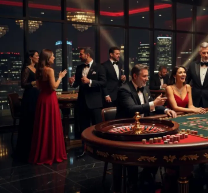 Mobilne stoły kasynowe na energetycznym przyjęciu z gośćmi grającymi przy pokerze i ruletce.