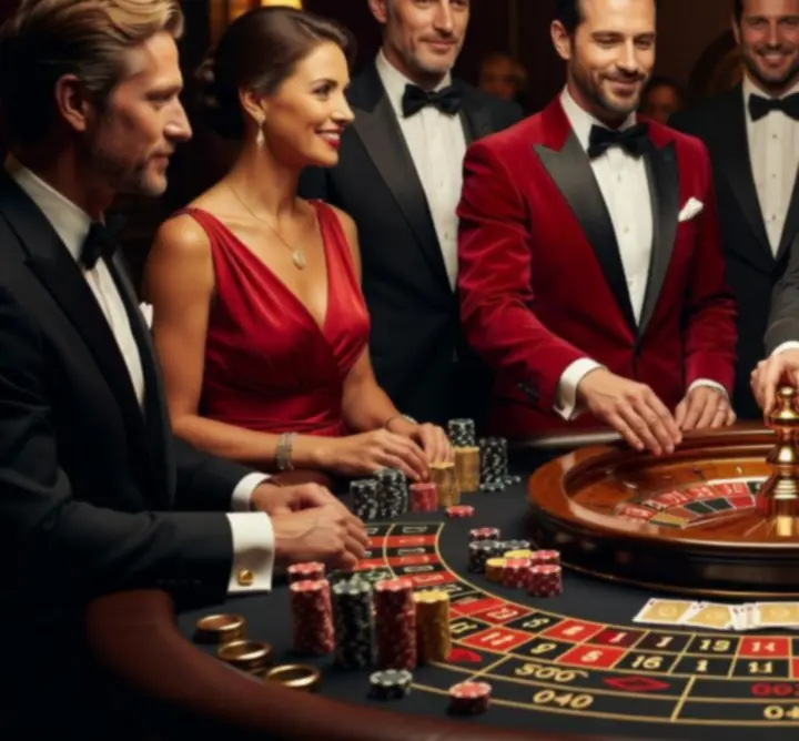 Tematyczny wieczór kasynowy z eleganckimi stołami do gier i oświetleniem w stylu Las Vegas.