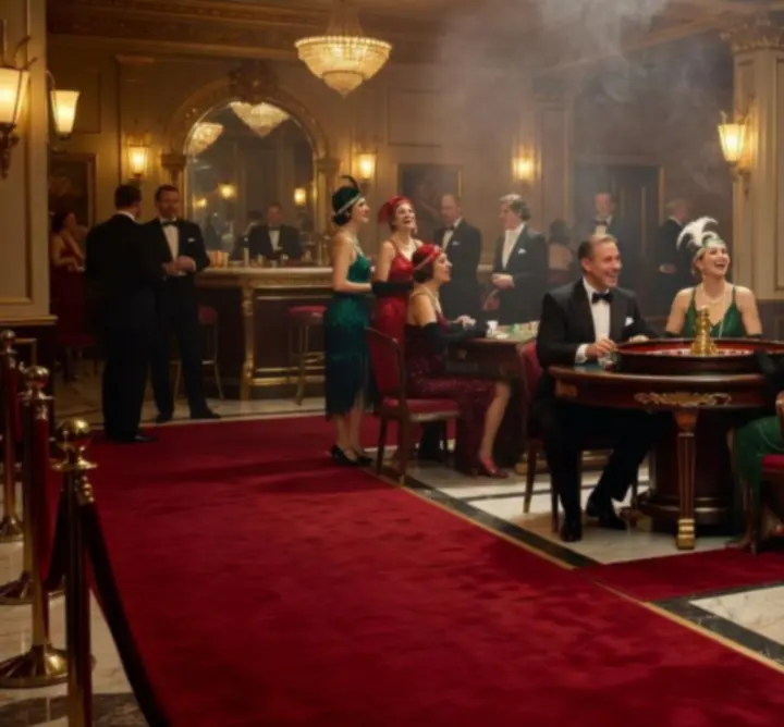 Tematyczny wieczór Monte Carlo z elegancką aranżacją stołów kasynowych.